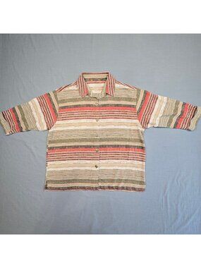 Polo Ralph Lauren Button-Up Shirt Medium Brown Green Striped Boxy Textured L/XL